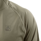 Close up of TD Outdoor Tiger Shark Sun Shirt in Ranger Green showing extended neck coverage and low profile tonal chest branding, lightweight UPF 50 tactical sun hoodie built for high heat range days and outdoor field use