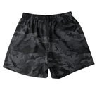 Back view of Cove Black Camo Athletic Shorts made from recycled plastic bottles. Featuring a 5" inseam, elastic waistband with drawstring, and a zippered back pocket for secure storage. Crafted with 90% recycled polyester and 10% spandex, these shorts provide comfort and mobility for gym, swim, or lounging.