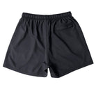Back view of Cove Black Performance Shorts made from recycled plastic bottles. Featuring a 5" inseam, elastic waistband with drawstring, and zippered back pocket for secure storage. Designed for comfort and mobility, these shorts are made from 90% recycled polyester and 10% spandex, perfect for gym, swim, or lounging.