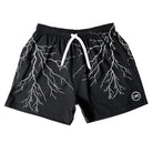 Front view of Cove Black & White Lightning Performance Shorts, featuring a striking lightning pattern. These 5" inseam athletic shorts are made from 90% recycled polyester and 10% spandex for a stretchy, lightweight fit. With an elastic waistband, drawstring, and zippered pockets, they’re perfect for high-energy activities, gym sessions, and casual lounging.