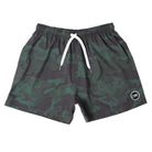 Front view of Cove Green Camo Athletic Shorts made from recycled plastic bottles. These 5" inseam performance shorts feature an elastic waistband with drawstring and zippered side pockets for secure storage. Made from 90% recycled polyester and 10% spandex, they offer comfort and mobility for gym, swim, or lounging.