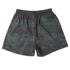 Back view of Cove Green Camo Athletic Shorts made from recycled plastic bottles. Featuring a 5" inseam, elastic waistband with drawstring, and a zippered back pocket for secure storage. Crafted with 90% recycled polyester and 10% spandex, these shorts offer comfort and mobility for gym, swim, or lounging.