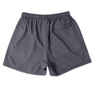 Back view of Cove Grey Gunmetal Performance Shorts made from recycled plastic bottles. These shorts feature a 5" inseam, elastic waistband with drawstring, and a zippered back pocket for secure storage. Crafted with 90% recycled polyester and 10% spandex, offering comfort and mobility for gym, swim, or lounging.