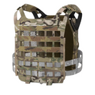 Back view of the Crye Precision AIRLITE SPC Plate Carrier in MultiCam, one of the best lightweight tactical vests available. Built from patented AIRLITE™ material with rear Velcro® loop field, zip-on panel compatibility, cummerbund adjustment slots, and quick-attach loops for extended ballistic coverage.