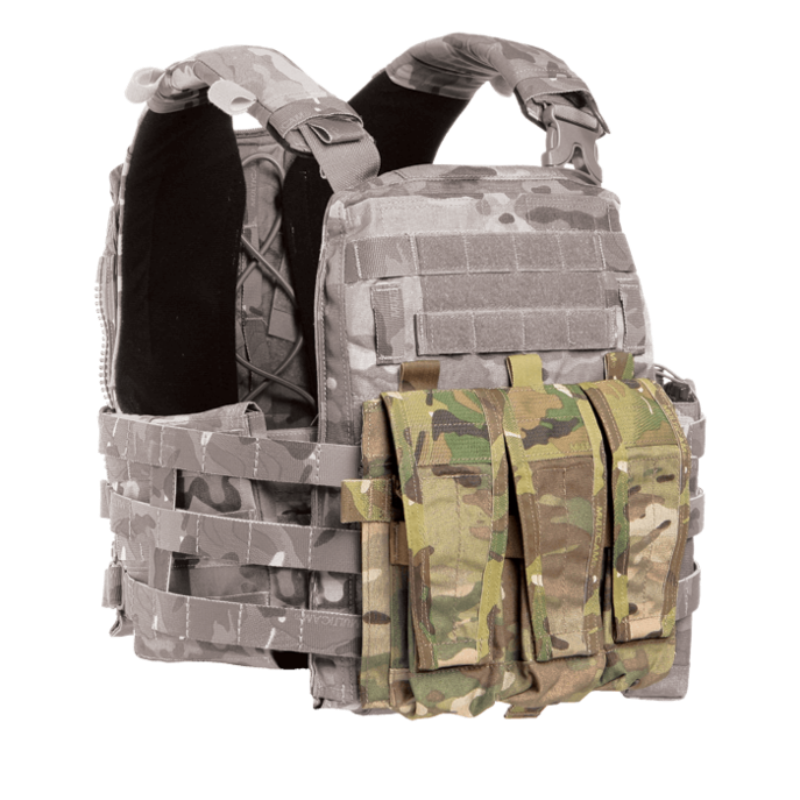Crye Precision AVS Detachable Flap M4 mounted to a plate carrier, demonstrating integrated triple magazine storage and streamlined front loadout configuration.