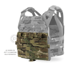 Crye Precision AVS Detachable Flap M4 Flat shown mounted to the front of a Crye AVS or JPC plate carrier, highlighting direct attachment interface and low profile three magazine placard setup for streamlined tactical combat loadouts