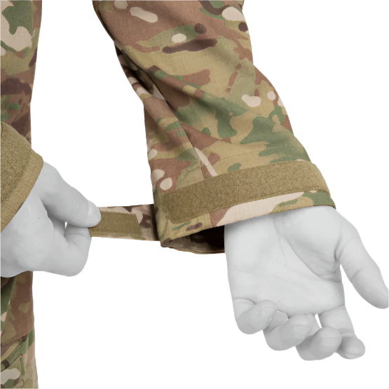 Close-up of the adjustable hook-and-loop cuff on the Crye Precision FR Field Shirt in Multicam for a secure, customizable fit.