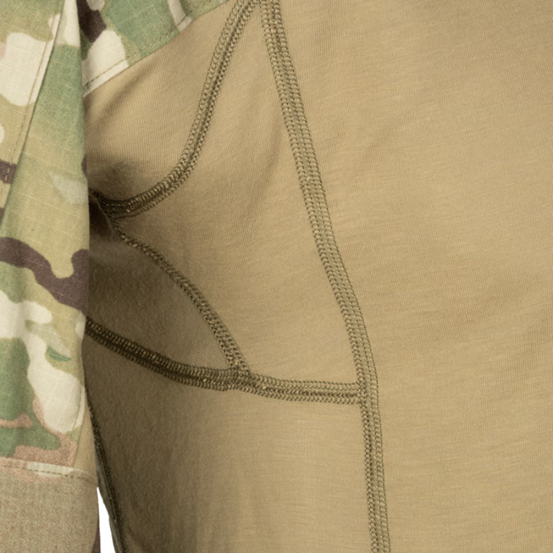 Detail view of the Crye Precision G3.5 Combat Shirt flame-resistant torso fabric highlighting moisture-wicking performance and flatlock seam construction.