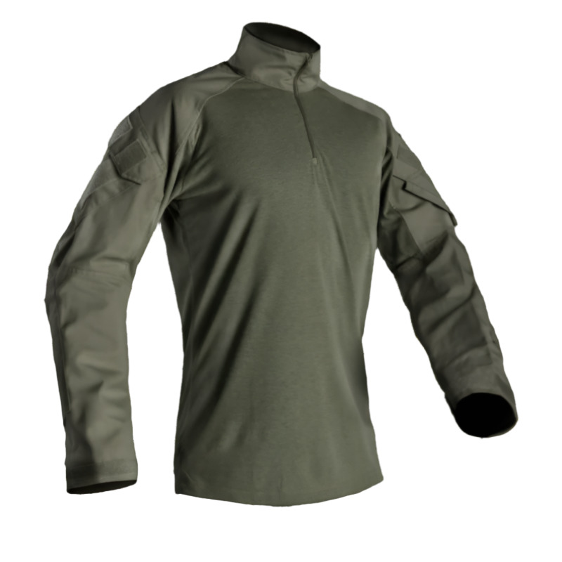 Product shot of the Crye Precision G3 Combat Shirt in Ranger Green showing the flame resistant moisture wicking torso and NYCO ripstop sleeves designed for under armor use in tactical and military environments.