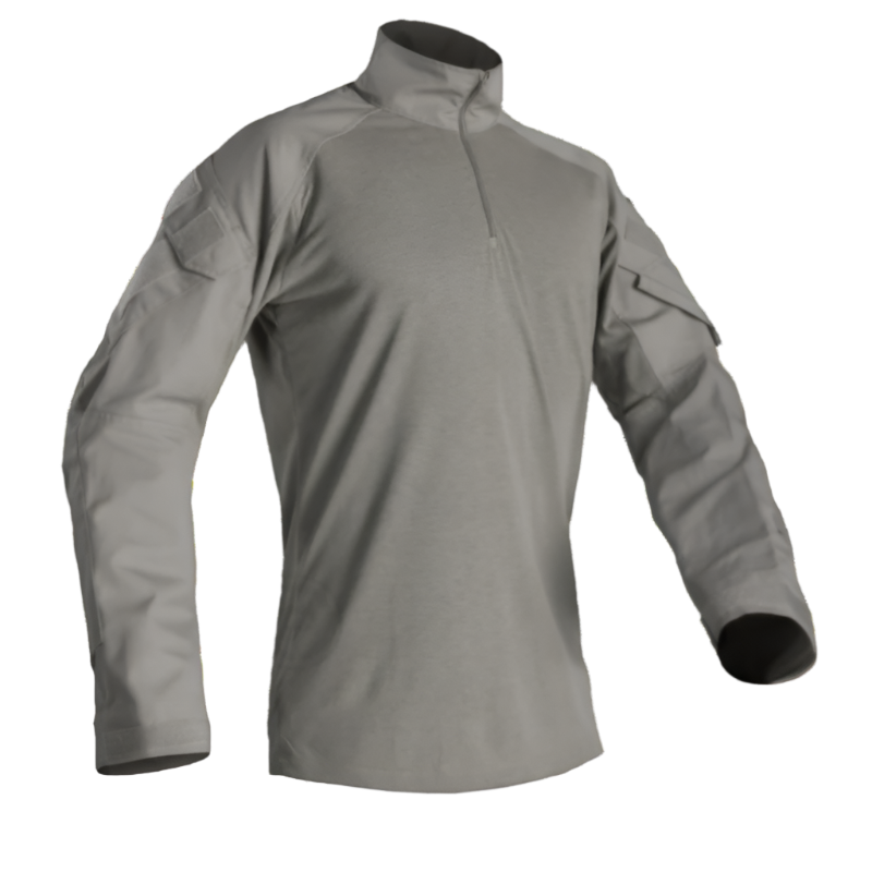 Product shot of the Crye Precision G3 Combat Shirt in Wolf Grey showing the FR moisture wicking torso and NYCO ripstop sleeves designed for use under body armor in tactical and law enforcement operations.
