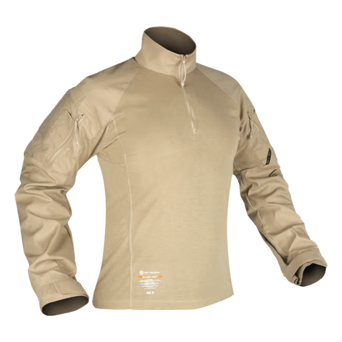 Crye Precision G4 Combat Shirt in Khaki featuring a flame-resistant torso, stretch RIPSTOP sleeves, and a breathable combat shirt design.