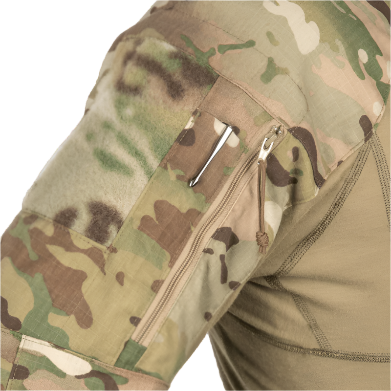 Close-up of the zippered expandable shoulder pocket on the Crye Precision G4 Combat Shirt showing the VTX RIPSTOP sleeve construction.