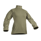 A women's long-sleeve tactical combat shirt featuring a ranger green torso and sleeves, shown on a plain white background.