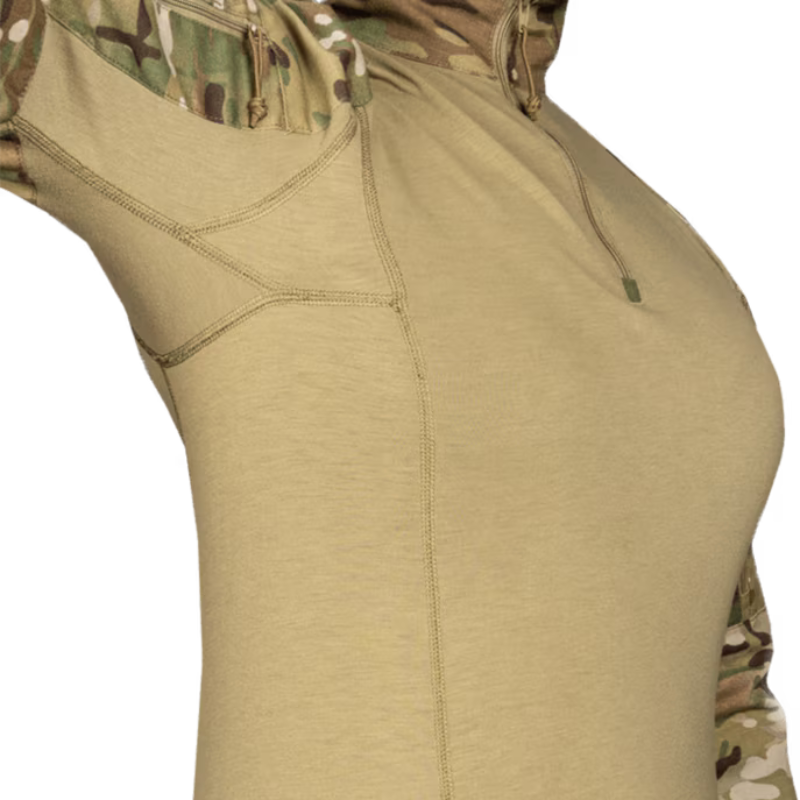 Close-up of a tan tactical shirt with Multicam camouflage sleeves on a white background