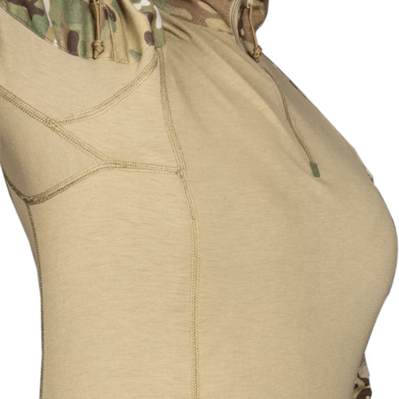 Close-up of a tan tactical shirt with a high collar, visible drawstrings, and contrast stitching, shown on a cropped torso against a white background.