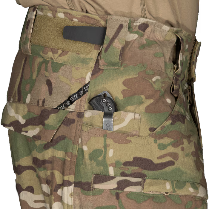 Crye Precision G4 Temperate Shell Combat Pant, premium military-grade tactical apparel with quick-dry mesh vented pockets, adjustable hem, and reinforced storage options.