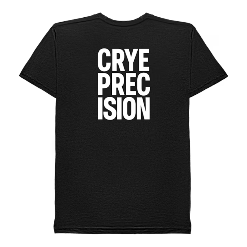 A black short-sleeve t-shirt with the words 'CRYE PRECISION' printed in bold white capital letters on the back, shown against a plain white background.