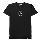 A black short-sleeve crewneck t-shirt featuring a white circular logo with a stylized 'CP' logo on the center chest, displayed against a solid white background.