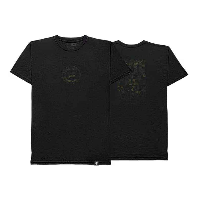 Black short-sleeve t-shirt shown from both front and back. The front features a small circular CP logo on the center chest, and the back features a large tonal Multicam Black CRYE PRECISION logo graphic print.
