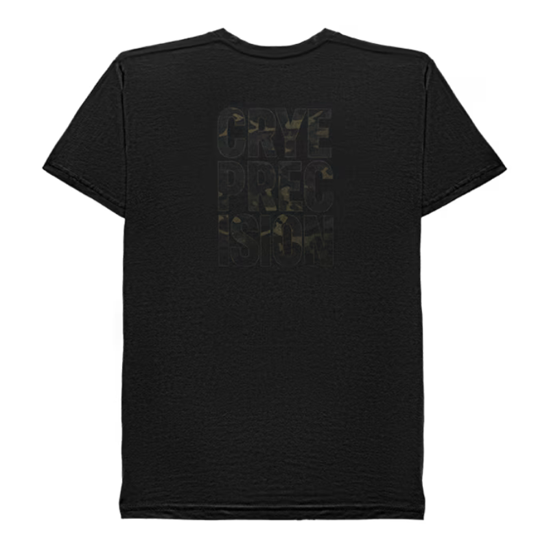 Black t-shirt with a graphic design of a Crye Precision logo filled in Multicam Black on a white background.