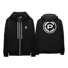 Black zip-up hoodie shown from the front and back on a white background. The front features a white drawstring and a small white square logo on the left chest, while the back displays a large white circular 'CP' logo.