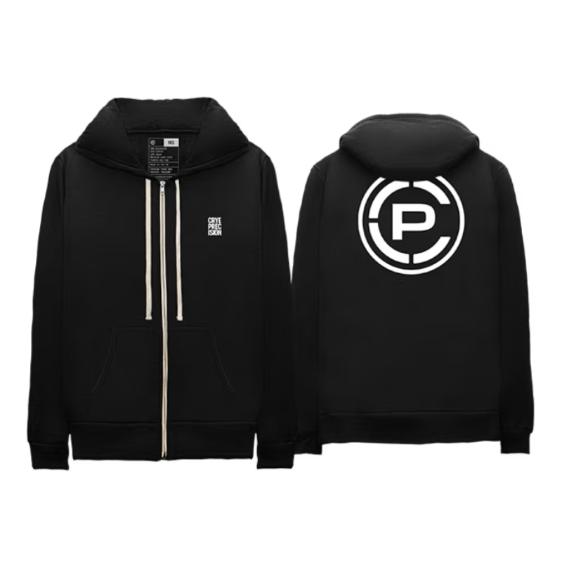 Black zip-up hoodie shown from the front and back on a white background. The front features a white drawstring and a small white square logo on the left chest, while the back displays a large white circular 'CP' logo.