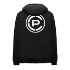 A black pullover hoodie shown from the back, featuring a large white circular logo with a stylized letter 'CP' in the center, displayed on a solid white background.