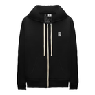 A black zip-up hoodie with white drawstrings and a vertical white graphic print on the left chest, displayed against a solid white background.