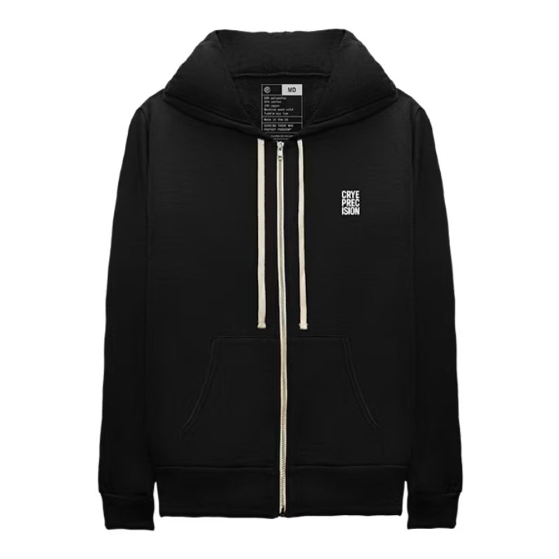 A black zip-up hoodie with white drawstrings and a vertical white graphic print on the left chest, displayed against a solid white background.