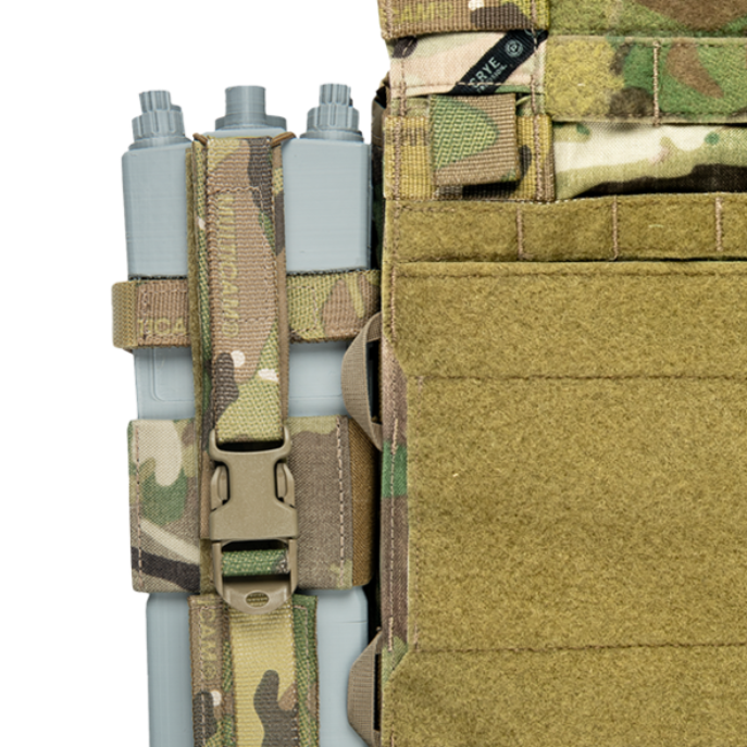 Crye Precision R-Series Radio Side Pouch attached to a plate carrier with radio installed, showing low-profile integration and quick-access positioning.