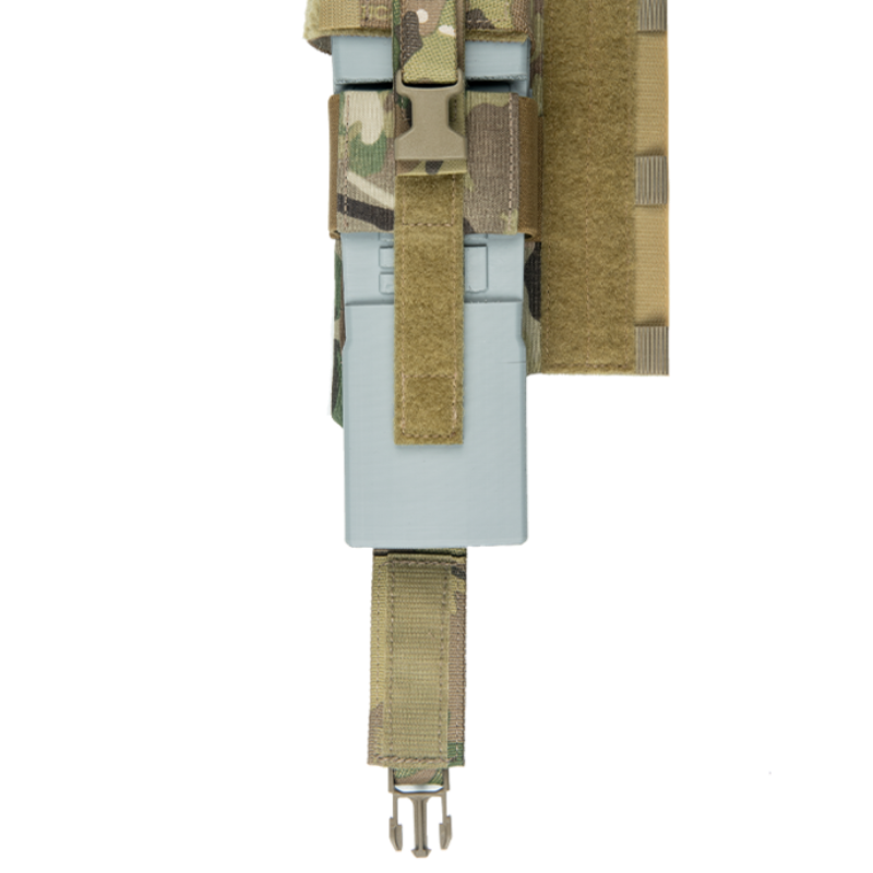 Crye Precision R-Series Radio Side Pouch holding a tactical communications radio, demonstrating secure retention and accessible controls.