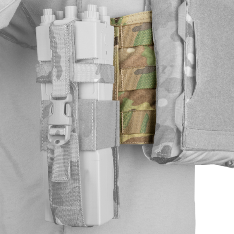 Close-up of the Crye Precision R-Series Side MOLLE Panel Set showing hook-and-loop attachment and low-profile carrier integration.