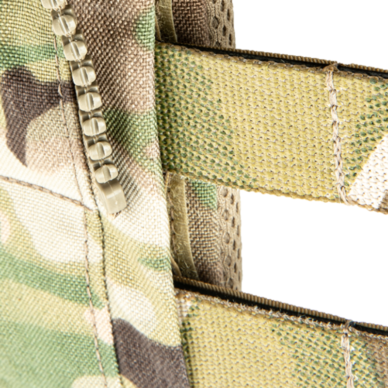 Close-up detail of the Crye Precision R-Series Zip-On Pack Adapter showing reinforced attachment points, webbing loops, and construction features for secure pack integration.