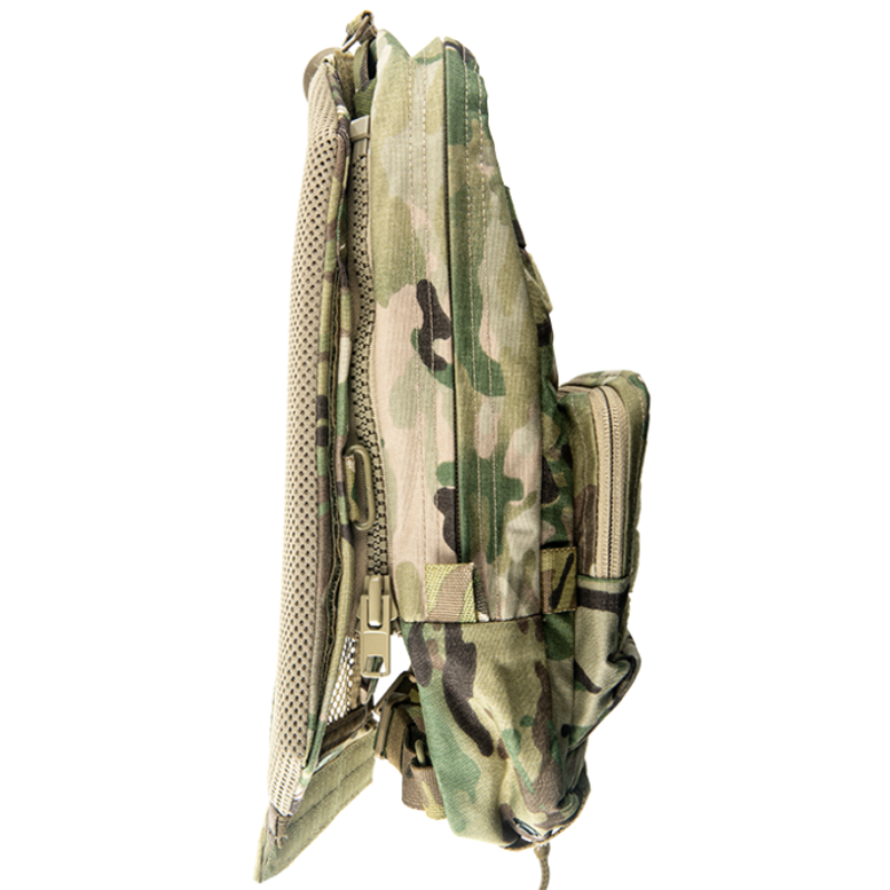 Side profile of the Crye Precision R-Series Zip-On Pack Adapter highlighting the low-profile design, foam padding, and pack conversion structure.