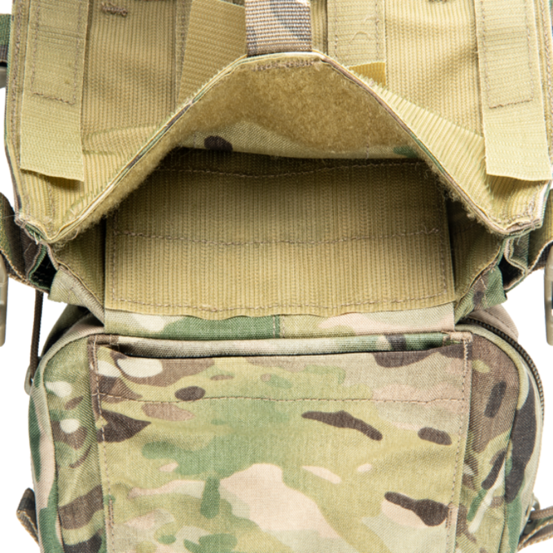 Crye Precision R Series M4 Jump Flap in Multicam mounted on plate carrier with attached utility pouch in modular tactical loadout configuration