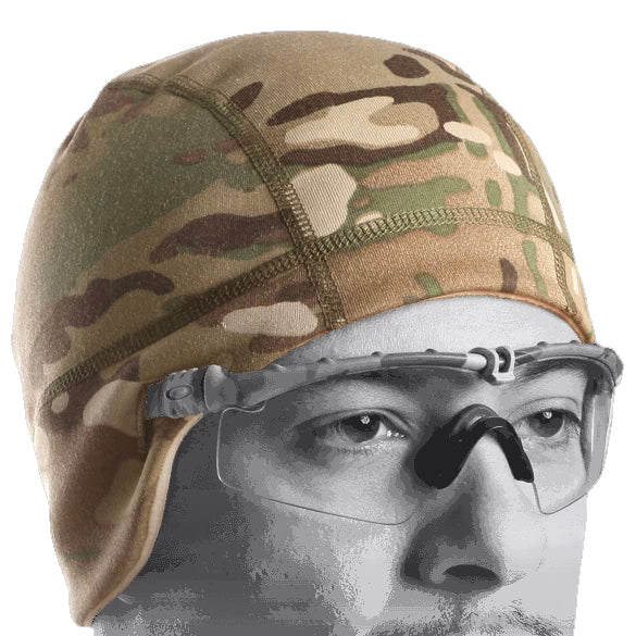 Crye Precision SkullCap MultiCam tactical cold weather beanie worn on head front view showing low profile helmet compatible fit and fleece construction