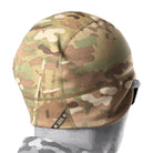 Rear angled view of Crye Precision SkullCap MultiCam cold weather tactical beanie showing stretch fit design and low bulk helmet compatible construction