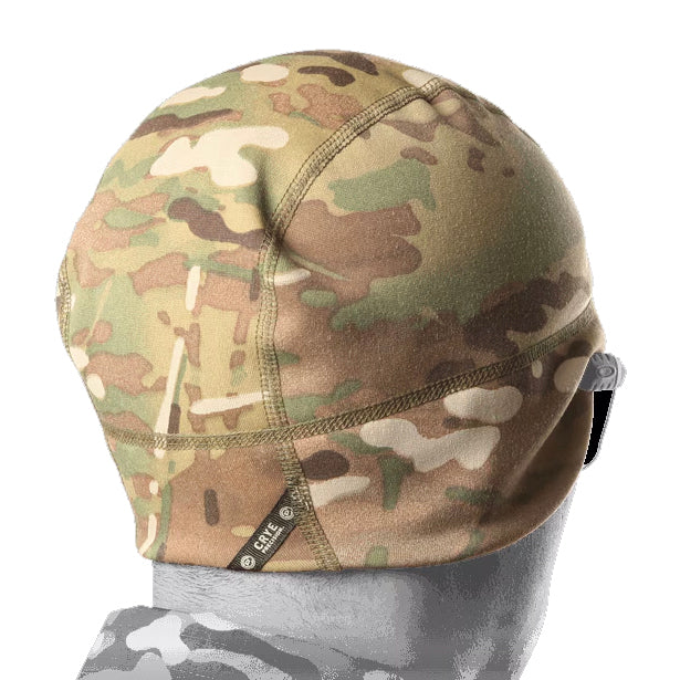 Rear angled view of Crye Precision SkullCap MultiCam cold weather tactical beanie showing stretch fit design and low bulk helmet compatible construction