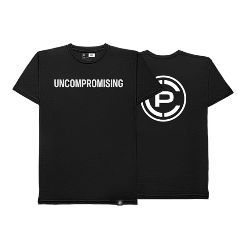Black short-sleeve t-shirt shown from both front and back. The front features the word 'UNCOMPROMISING' printed in white across the chest, and the back features a large white circular logo with a stylized letter 'CP'.