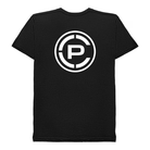 A black short-sleeve t-shirt with a large white circular logo featuring a stylized letter 'CP' in the center, displayed on a solid white background.