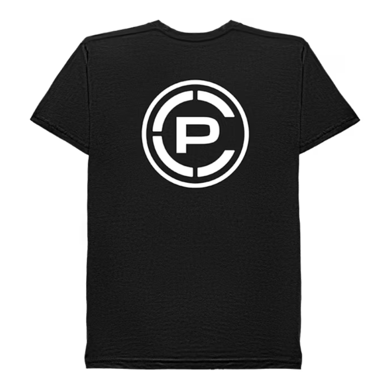 A black short-sleeve t-shirt with a large white circular logo featuring a stylized letter 'CP' in the center, displayed on a solid white background.