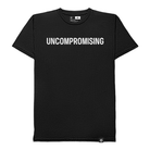 A black short-sleeve crewneck t-shirt with the word 'UNCOMPROMISING' printed in bold white capital letters across the chest, displayed flat against a solid white background.