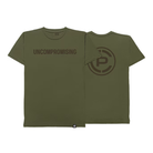 An olive green short-sleeve t-shirt shown from both the front and back. The front features the word 'UNCOMPROMISING' printed in dark brown across the chest, and the back features a large dark brown circular logo with a stylized letter 'CP'.