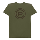 An olive green short-sleeve t-shirt shown from the back, featuring a large dark brown circular logo with a stylized letter 'CP' in the center.