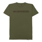 An olive green short-sleeve crewneck t-shirt with the word 'UNCOMPROMISING' printed in brown font displayed flat against a solid white background.