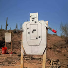 Target with bullet holes in a desert setting