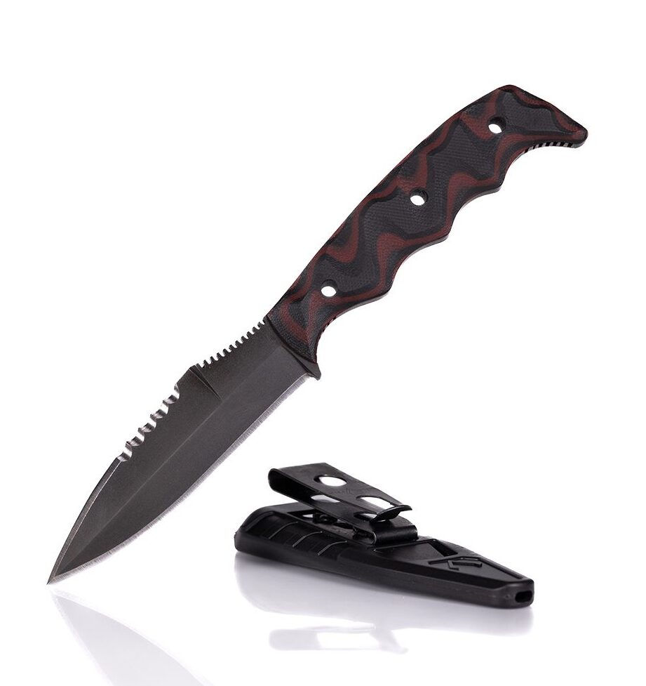 Dynamis Alliance Revere double-edged 80CRV2 combat knife displayed next to inside waistband sheath for concealed carry