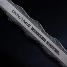Close up of Dynamis Alliance x Winkler Knives co-branded DYNAMIS double edge combat knife etched on 80CRV2 steel blade