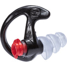 Black earbud with red cap and clear earplug on a white background