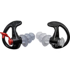 Pair of black and red earplugs on a white background